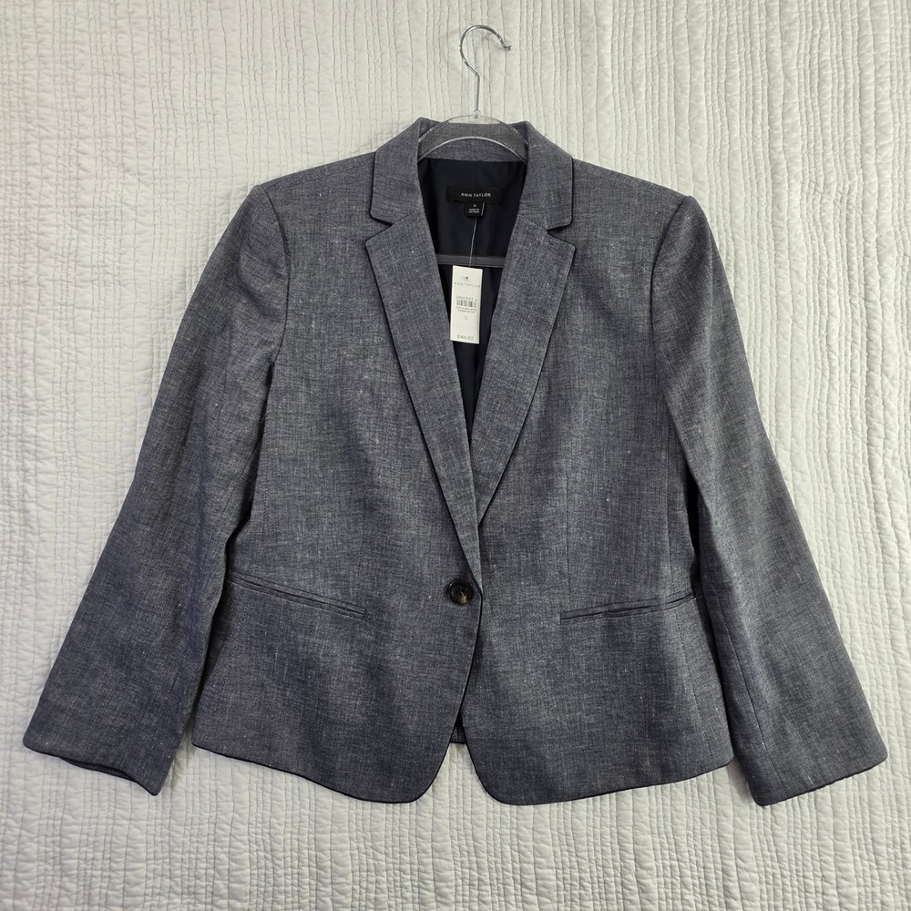 Ann Taylor Blazer Women 12 Blue NWT Linen Blend Vented Single Button Tailored